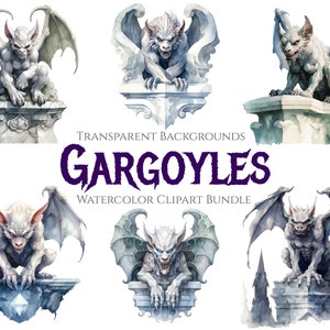 Watercolor Gargoyle Clipart, 14 PNG Gothic Gargoyle Bundle, Transparent PNG, Halloween Clipart, Commercial Use