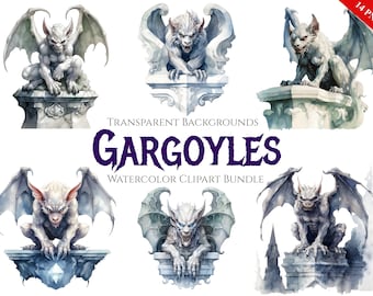Watercolor Gargoyle Clipart, 14 PNG Gothic Gargoyle Bundle, Transparent PNG, Halloween Clipart, Commercial Use