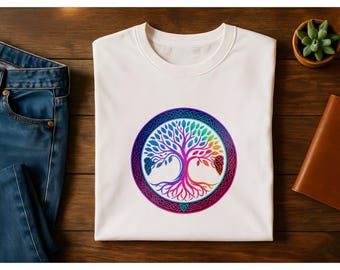 Árbol de la Vida Celta Arcoíris PNG: Diseño de árbol con nudos coloridos para sublimación, descarga digital Synthwave, arte de camiseta espiritual irlandés