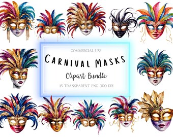 Carnival Mask Clipart, 15 High Quality Transparent PNGs for Commercial Use, Masquerade mask printables, Venetian Mask Graphics for Download
