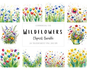 Watercolor Wildflower Clipart Bundle, Instant Digital Download, 24 High Quality PNG files for Commercial Use, Junk Journal