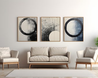 Modern Neutral Abstract Printable Wall Art Set of 3, Wabi Sabi depictions of the sea, Japandi Digital Wall Art, High Quality Download