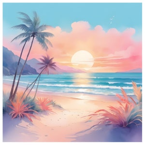 26 Pastel Beach Watercolor Clipart Bundle, Letnie tła, 300dpi JPG, Pobieranie cyfrowe, Wydruki cyfrowe, Tworzenie kartek, Rękodzieło papierowe