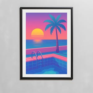Vaporwave Pool Wall Art, Retro Sunset and Palm Tree Digital Print, 80s Aesthetic Beach Scene, Neon Tropical Decor Instant Download