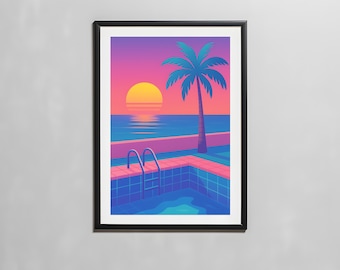Parete artistica con piscina Vaporwave, tramonto retrò e stampa digitale di palme, scena di spiaggia con estetica anni '80, decorazioni tropicali al neon, download immediato