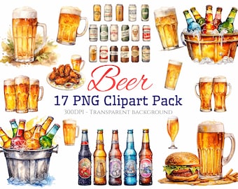 Watercolor Beer Clipart Bundle, Instant Digital Download, 17 High Quality Beer PNG files for Commercial Use