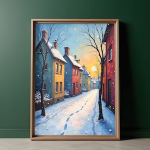 Cosy Winter Village Printable Wall Art, Watercolor Holiday Digital Download, Enchanting snow covered houses,  Cozy Living Room Home Decor