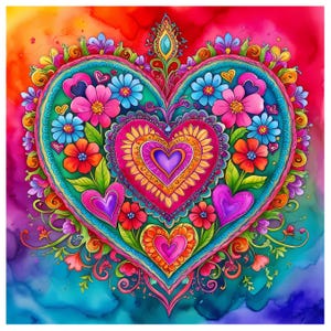 Pode incluir: Um design colorido em forma de coração com detalhes intrincados. O coração está cheio de flores, folhas e corações menores em tons de rosa, vermelho, laranja, amarelo, verde, azul e roxo. O fundo é uma aquarela de azul, verde e laranja.