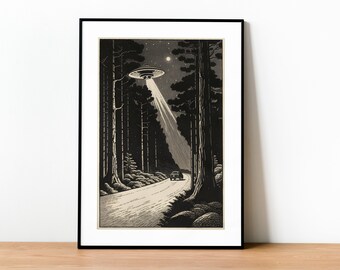 Ufo Digital Art Print,Japanese Woodblock, Ukiyo-e,Hokusai style, UAP, Poster, Instant Download, Cryptidcore