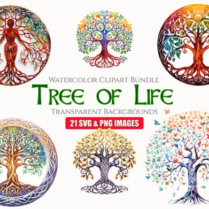 Watercolor Tree of Life Clipart Bundle, Instant Digital Download, 21 High Quality PNG files for Commercial Use, Junk Journal