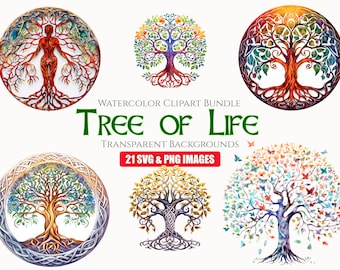 Watercolor Tree of Life Clipart Bundle, Instant Digital Download, 21 High Quality PNG files for Commercial Use, Junk Journal