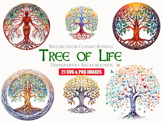 Watercolor Tree of Life Clipart Bundle, Instant Digital Download, 21 High Quality PNG files for Commercial Use, Junk Journal