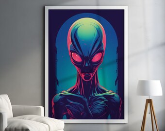 Vibrant Gray Alien Synthwave Wall Art - Contemporary Printable Digital Wall Art, High-Quality Instant Digital Download