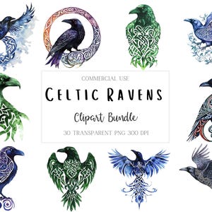 30 Celtic Raven Watercolor PNG Clipart Bundle, Celtic Inspired Raven Images, Tribal Tattoo Designs, Digital Download,  Commercial Use