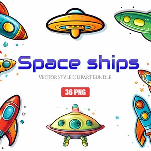 Paquete de imágenes prediseñadas de nave espacial 36 PNG, descarga digital instantánea, naves espaciales de alta calidad y archivos PNG OVNI para uso comercial