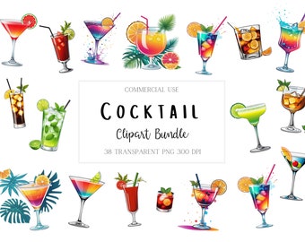 Cocktail Clipart Bundle, 38 High Quality PNG alcohol illustrations  for Commercial Use, Create Signature Drink Menu, DIY Sublimations