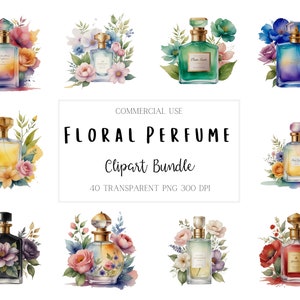 Florales Parfümflaschen-Clipart-Bundle, 40 hochwertige Aquarell-Parfümflaschen PNG für kommerzielle Nutzung, Schönheit, Mode-ClipArt