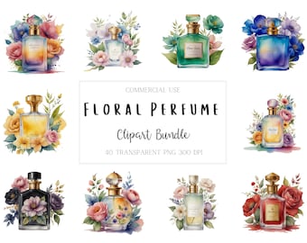 Floral Perfume Bottle Clipart Bundle, 40 High Quality Watercolor Perfume Bottles PNG for Commercial Use, Beauty, Fashion Clip art