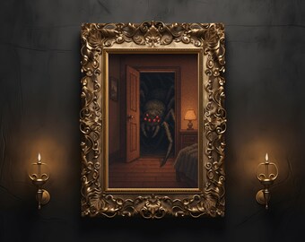 Arte mural de terror pixelado: una araña gigante que se cuela en el dormitorio, impresión digital retro, escena nocturna aterradora para una decoración de Halloween espeluznante.