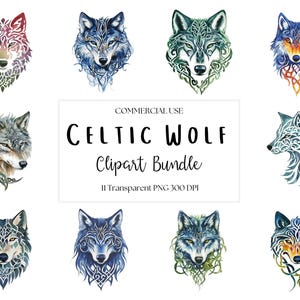 11 Celtic Wolf Watercolor PNG Clipart Bundle, Celtic Inspired Spirit Animal Images, Tribal Tattoo Designs, Digital Download,  Commercial Use