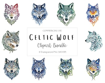 11 Celtic Wolf Watercolor PNG Clipart Bundle, Celtic Inspired Spirit Animal Images, Tribal Tattoo Designs, Digital Download,  Commercial Use