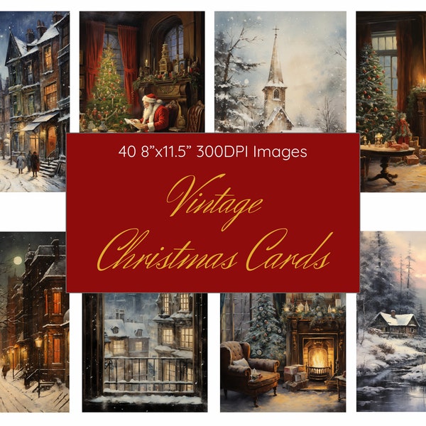 40 Christmas Card Vintage Image Bundle, Instant Digital Download, High Quality Christmas Paintings, PNG files for Commercial Use