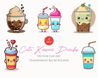 Cute Kawaii Drinks Clipart Set, Digital download, Printable SVG & PNG files, transparent backgrounds, adorable drinks, journal, scrapbooking