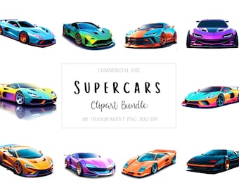 48 SuperCar PNG Clipart Bundle, Fun Cartoon Designs of Racing, Muscle, Classic and Sports cars, Digital Download, Images for Commercial Use