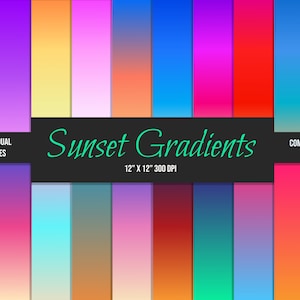Puede incluir: Veinte fondos digitales degradados en colores de puesta de sol. Cada degradado mide 30,5 cm por 30,5 cm y 300 DPI. Degradados de puesta de sol - Uso comercial.