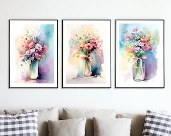 Conjunto de buquê de flores em aquarela com 3 impressões, pacote, impressão floral, arte de parede digital, pintura de flores silvestres, flores de verão, pôsteres de flores