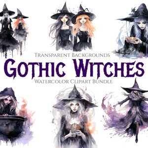 Watercolor Gothic Witch Clipart Bundle, Instant Digital Download, 16 High Quality PNG files for Commercial Use