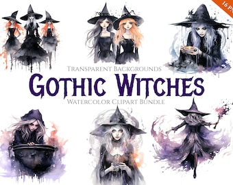 Watercolor Gothic Witch Clipart Bundle, Instant Digital Download, 16 High Quality PNG files for Commercial Use