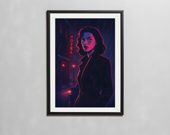80s Noir Wall Art – Moody Pink Neon Night Scene Poster – Vintage Synthwave Art – Digital Print – Retro Wall Decor – Femme Fatale Aesthetic