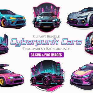 Cyberpunk Cars Clipart Bundle, Instant Digital Download, 34 High Quality Futuristic Cars Scalable PNG and SVG files for Commercial Use