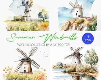 Watercolor Summer Windmill Clipart Bundle, Instant Digital Download for Commercial Use, High quality 300 DPI PNG files, Ideal for Scrapbook