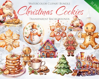 Noël Cookie aquarelle Clipart Bundle, téléchargement numérique instantané, 31 fichiers PNG de Noël de haute qualité pour un usage Commercial