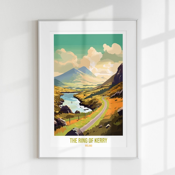 The Ring of Kerry Retro Travel Poster, Ireland, Summer Landscape,  Ireland Travel Gift, Printable, Vintage, Digital Print Download