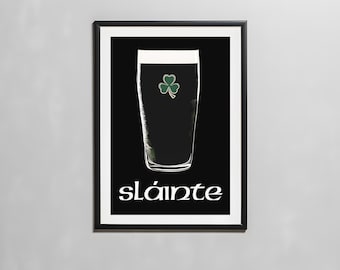 Slainte Wall Art, Printable Irish Wall Art, Retro fun Irish Drinking Poster, Funky Home Decor, Irish Gift, Traditional Toast, Cheers Print