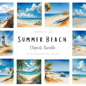 Summer Beach Watercolor Backgrounds, 25  High Quality JPG, 300 dpi, beach junk journal, tropical background, beach watercolor clipart bundle