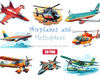 Paquete de imágenes prediseñadas de avión y helicóptero 30 PNG, descarga digital instantánea, archivos PNG de aviones de alta calidad para uso comercial