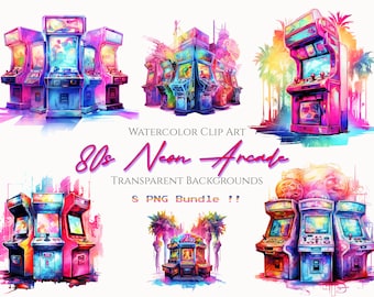 Retro 80s Arcade Machine Clipart Bundle, Watercolor, Retro Gaming Clipart, Neon Colors,Video Games, PNG, Commercial Use
