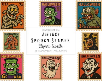Clipart di timbri vintage di Halloween con mostri - Pacchetto di 8 PNG retrò e spettrali per adesivi, diari, sublimazione - Uso commerciale