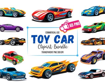 65 Toy Car PNG Clipart Bundle, Fun Cartoon Designs of Racing, Monster, Dinosaur and sports cars, Digital Download, Images for Commercial Use