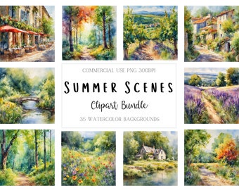Summer Landscape Watercolor Clipart Bundle, Nature Scene, 300dpi, Digital Download, Digital Prints, Card Making, Paper Crafting