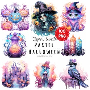 100 pastel Halloween schattige clipartbundel, transparante Spooky Halloween-png&#39;s voor commercieel gebruik, digitale download, afdrukbare Halloween