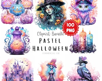100 Pastel Halloween Cute Clipart Bundle, Transparent Spooky Halloween PNGs for Commercial Use, Digital  Download, Printable Halloween