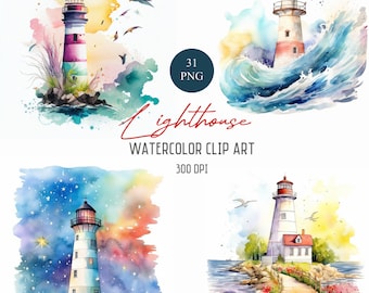 Watercolor Lighthouse Clipart PNG Bundle, For Commercial Use, 300DPI, Nautical, Clipart, Lighthouse Clipart, Digital Download