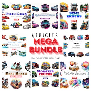 300+ Fahrzeug PNG Clipart Bundle, lustige bunte transparente Designs von Rennautos, Monstertrucks, Dirt Bikes, Flugzeuge für den kommerziellen Gebrauch