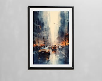 Cosy New York City Wall Art , Printable NYC Street Wall Art, City Decor, Rainy City Painting Digital Print, The Big Apple Poster
