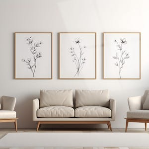 Set Of 3 Flower Line Art Prints, Digital Download, Minimal Floral Prints, Monochrome Wildflower Sketch, Botanical Art